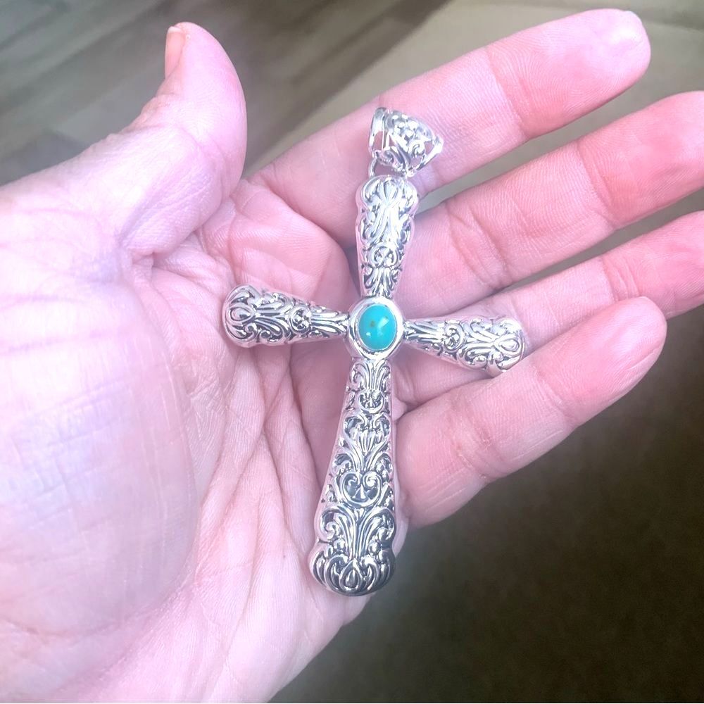 Large Southwestern Style Cross Pendant Ornate Filigree with Turquoise Cabochon